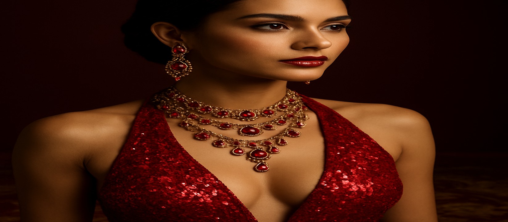kg99999 গেমিং প্ল্যাটফর্মের টেবিলে লাল পোশাক পরিহিত এক নারী